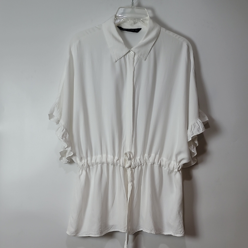 Zara White Button-Down Ruffle Sleeve Drawstring Top